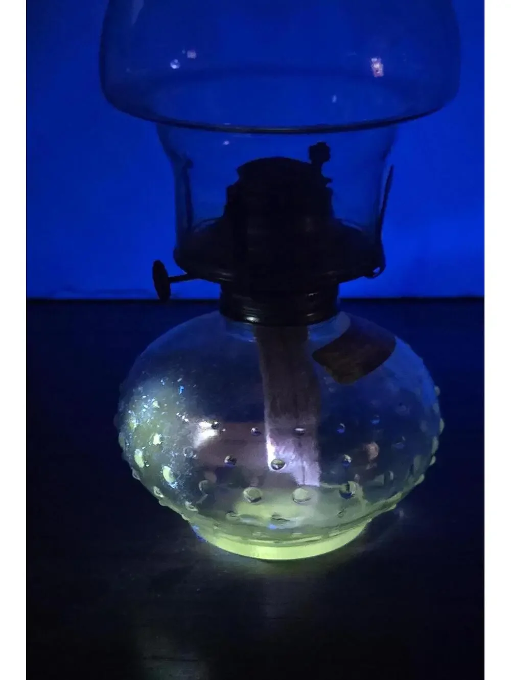 Vintage Clear Glass Uranium Hobnail Oil Lamp